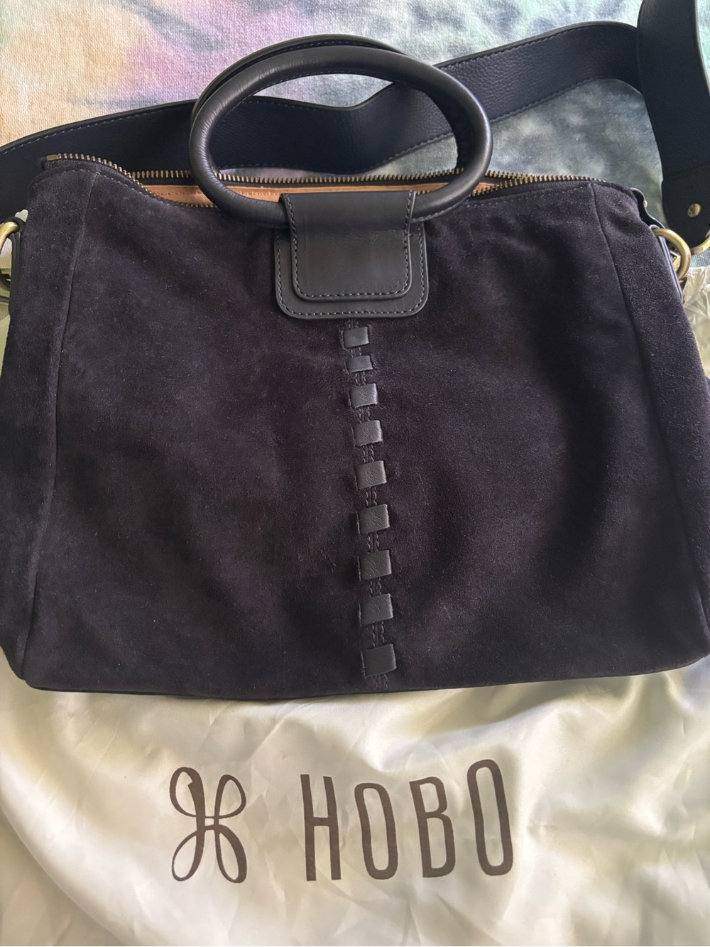 HOBO Navy Blue Suede Satchel with Leather Handles - Sheila Medium